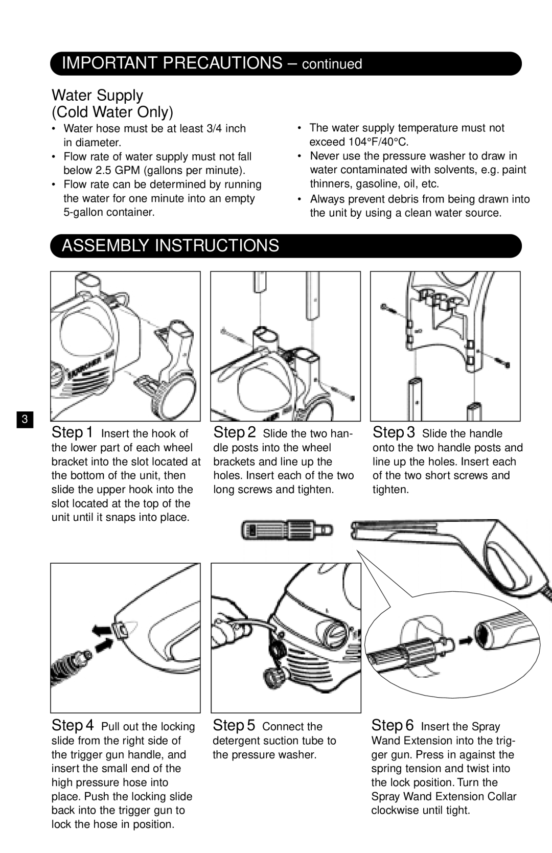 Karcher K205 M Plus specifications Important Precautions, Assembly Instructions, Water Supply Cold Water Only 