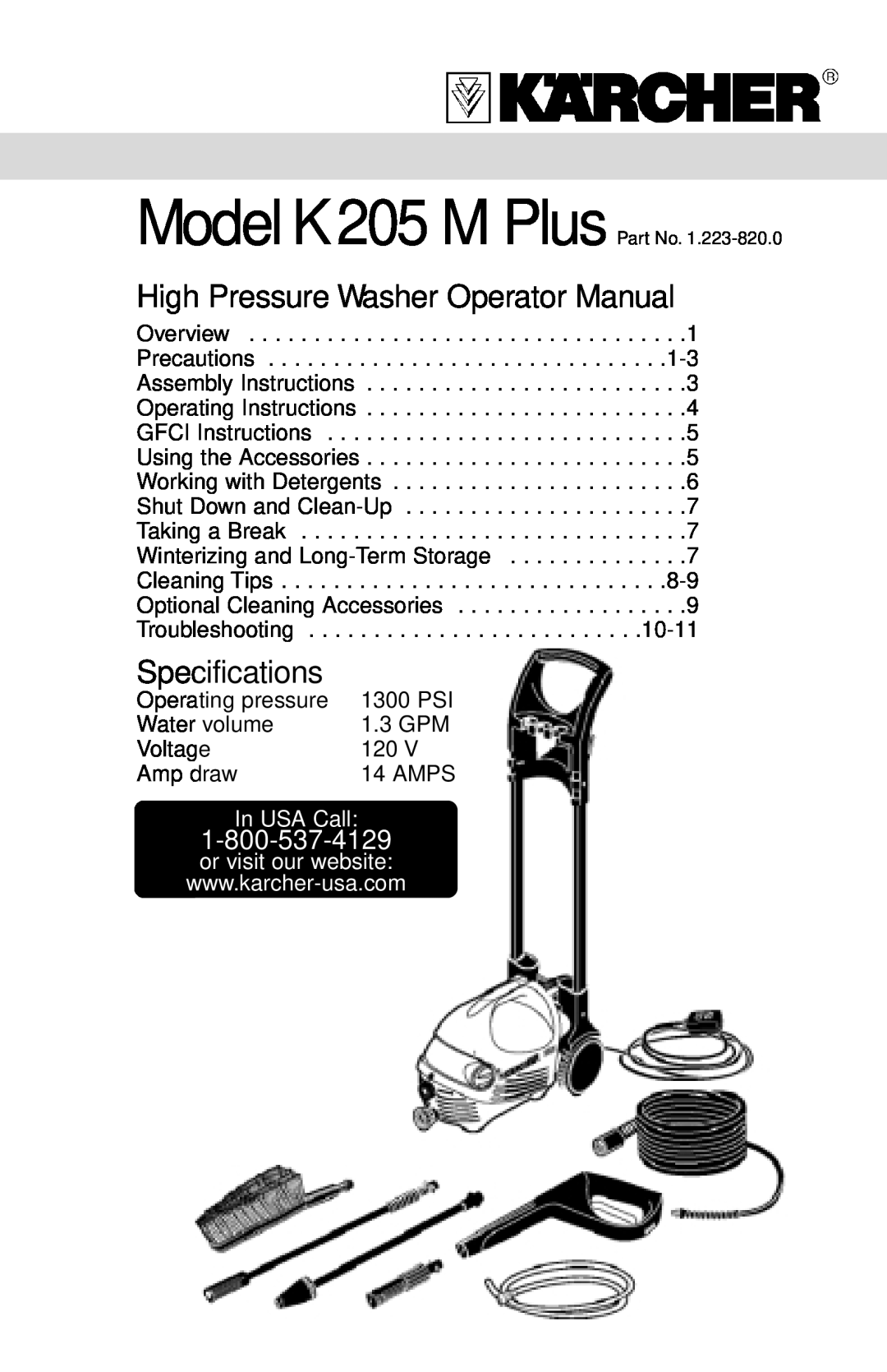 Karcher K205 M Plus specifications In USA Call, High Pressure Washer Operator Manual, Specifications 