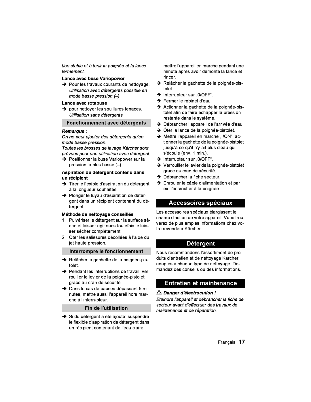 Karcher K2.93 manual Accessoires spéciaux, Détergent, Entretien et maintenance, Fonctionnement avec détergents, Remarque 