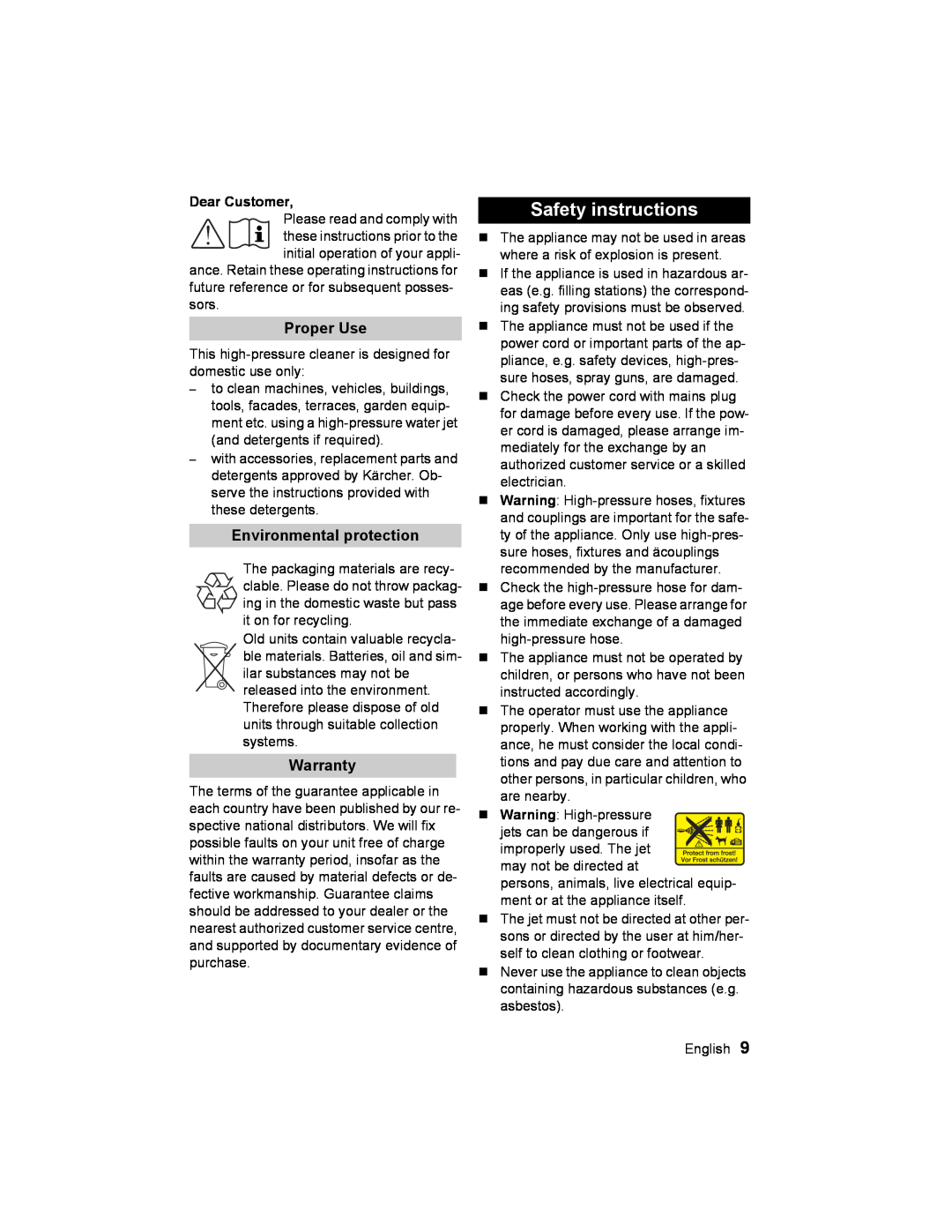 Karcher K2.93 manual Safety instructions, Proper Use, Environmental protection, Warranty 