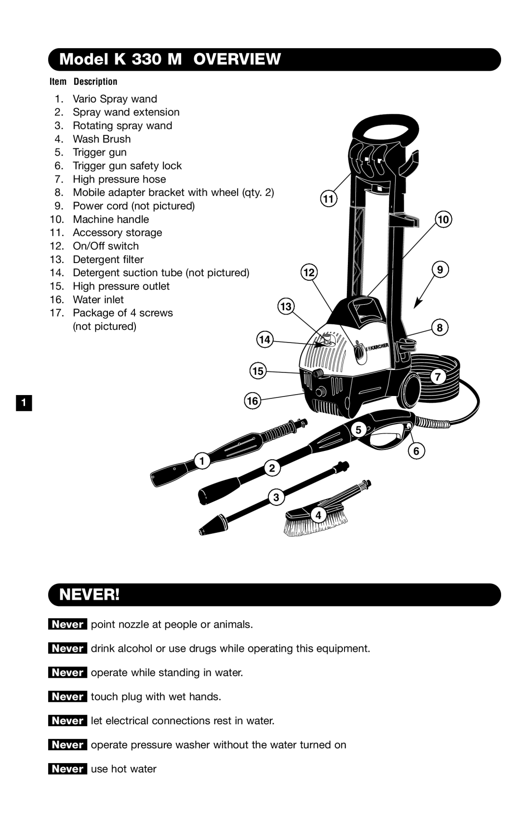 Karcher K330M specifications Model K 330 M Overview, Never 