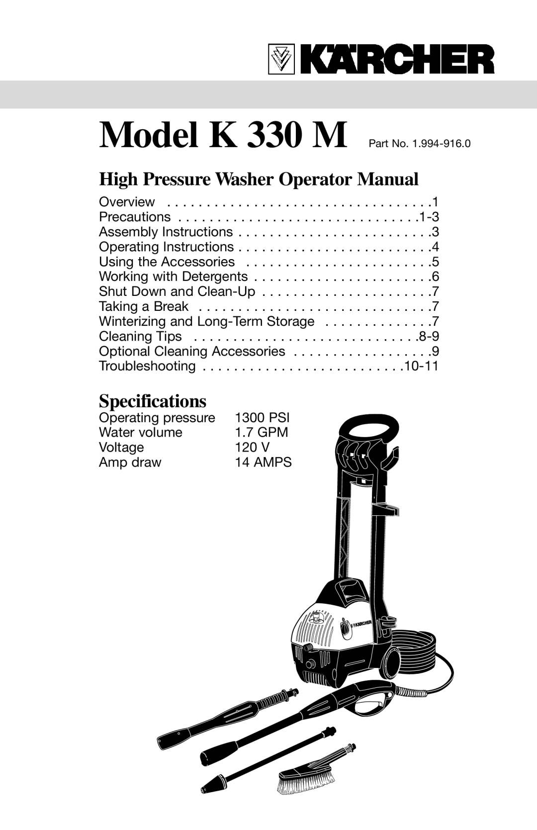 Karcher K330M specifications High Pressure Washer Operator Manual, Specifications 