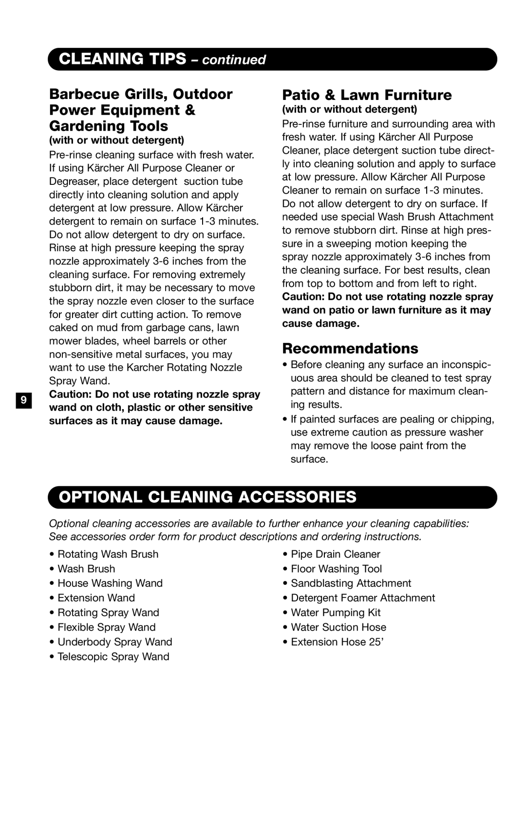 Karcher K330M CLEANING TIPS - continued, Optional Cleaning Accessories, Barbecue Grills, Outdoor Power Equipment 
