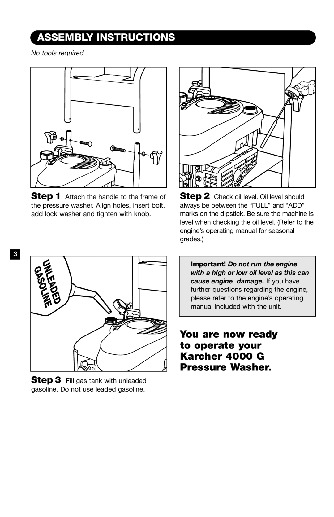 Karcher K4400G operating instructions Assembly Instructions, No tools required 