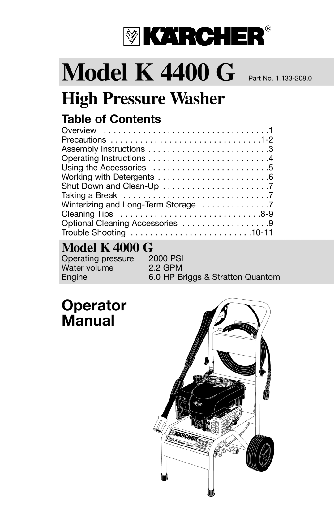 Karcher K4400G operating instructions Operator Manual, High Pressure Washer, Model K 4000 G, Table of Contents 