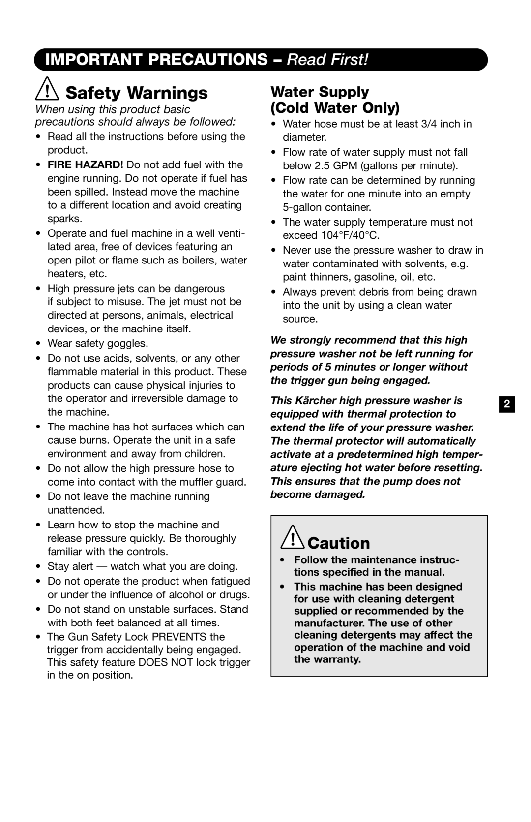 Karcher K4400G operating instructions IMPORTANT PRECAUTIONS - Read First, Water Supply Cold Water Only, Safety Warnings 