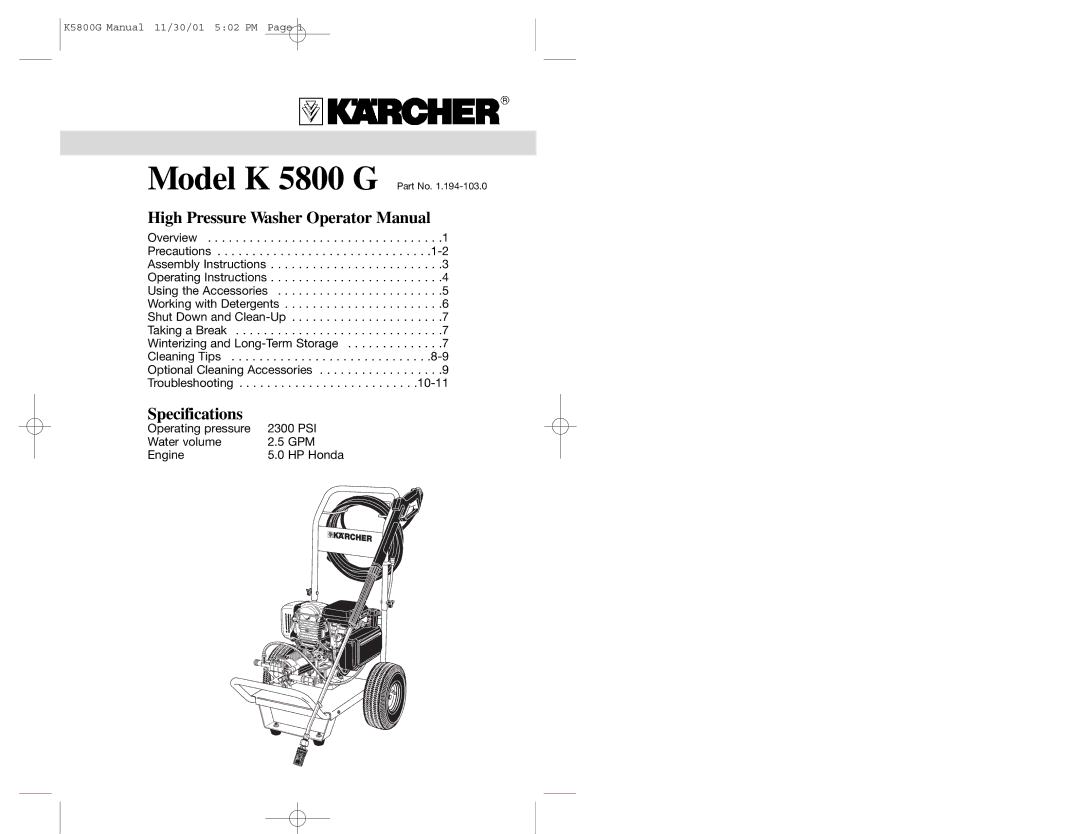 Karcher K5800G specifications High Pressure Washer Operator Manual 