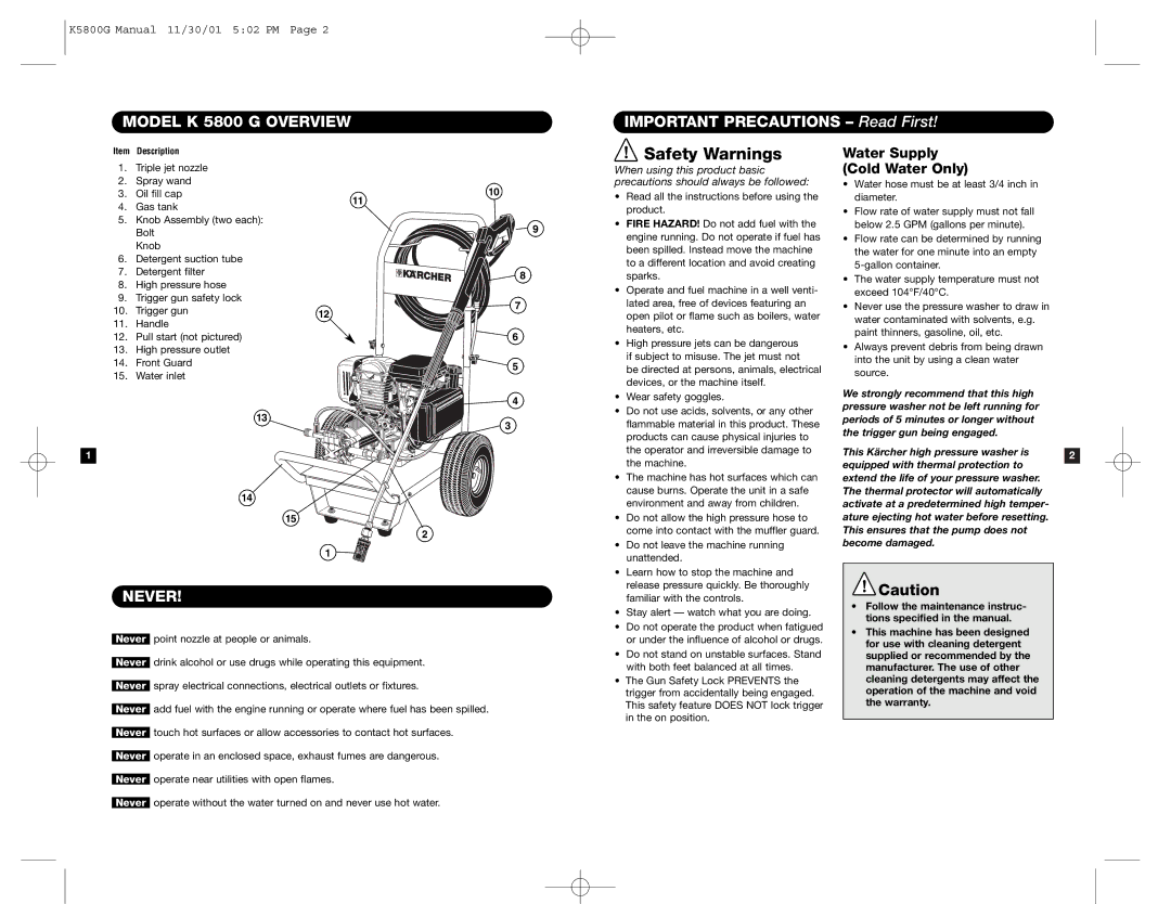 Karcher K5800G Model K 5800 G Overview, Important Precautions Read First, Never, Water Supply Cold Water Only 