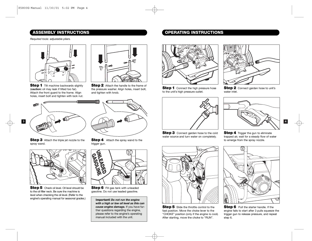 Karcher K5800G specifications Assembly Instructions, Operating Instructions, Required tools adjustable pliers 