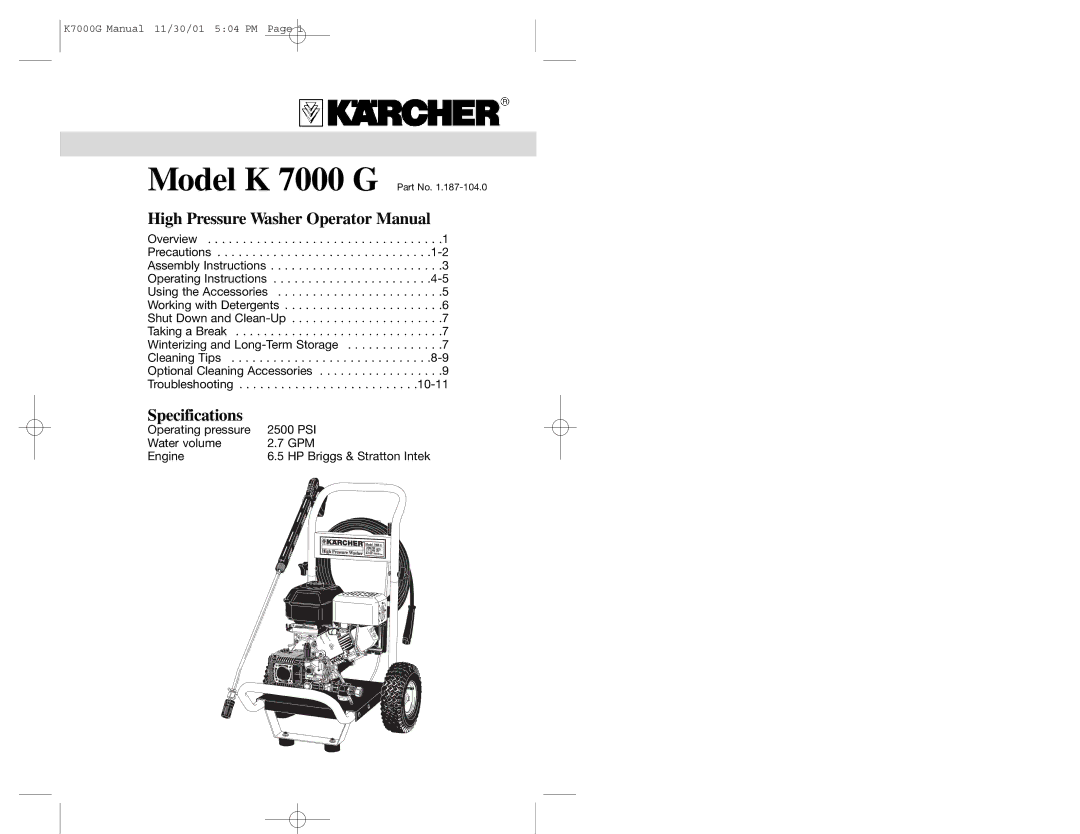 Karcher K7000G specifications High Pressure Washer Operator Manual 