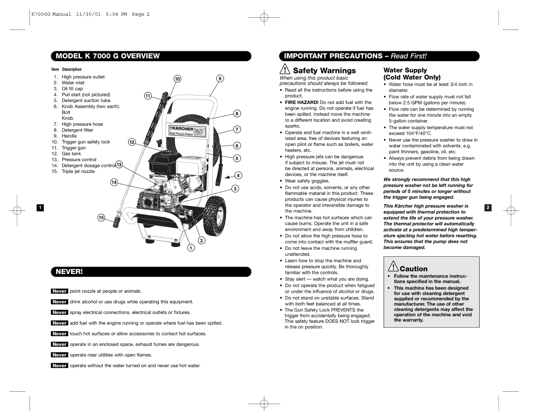 Karcher K7000G Model K 7000 G Overview, Important Precautions Read First, Never, Water Supply Cold Water Only 