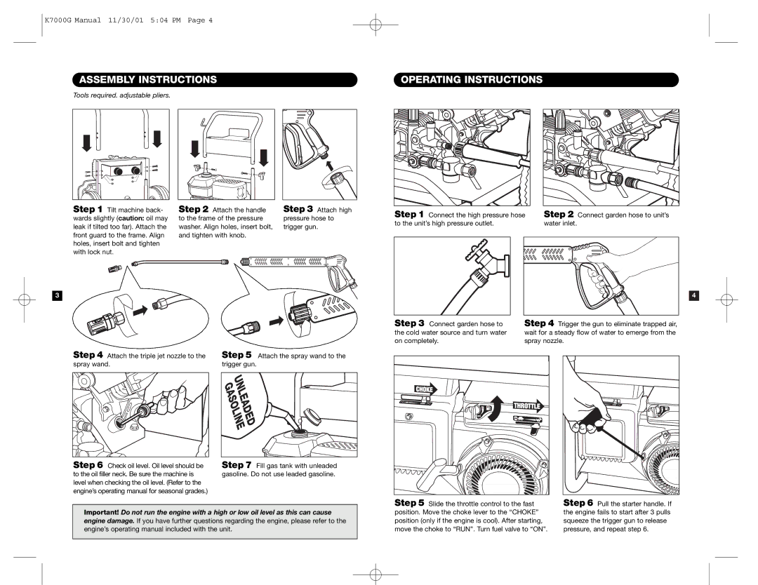 Karcher K7000G specifications Assembly Instructions, Operating Instructions 