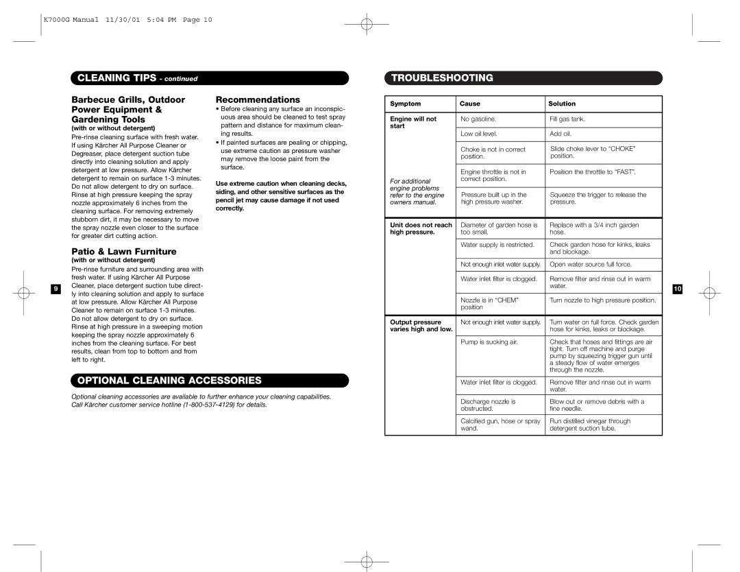 Karcher K7000G specifications Cleaning Tips, Troubleshooting, Optional Cleaning Accessories 