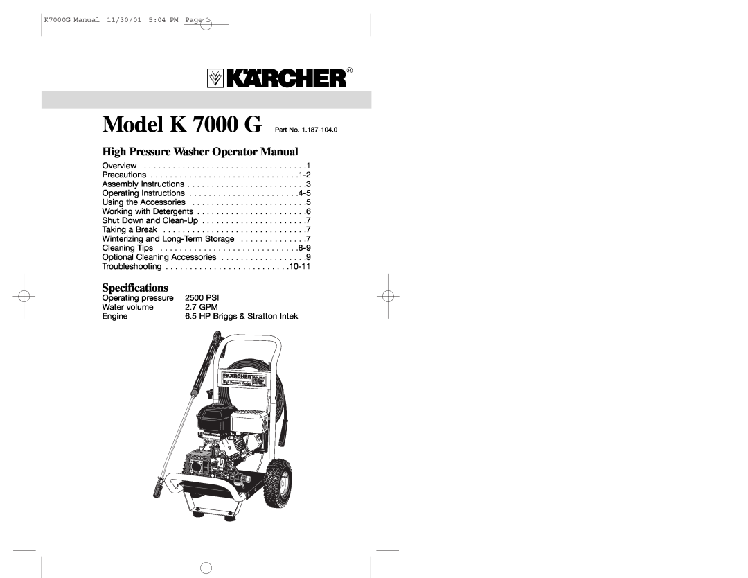 Karcher K7000G specifications High Pressure Washer Operator Manual, Specifications 