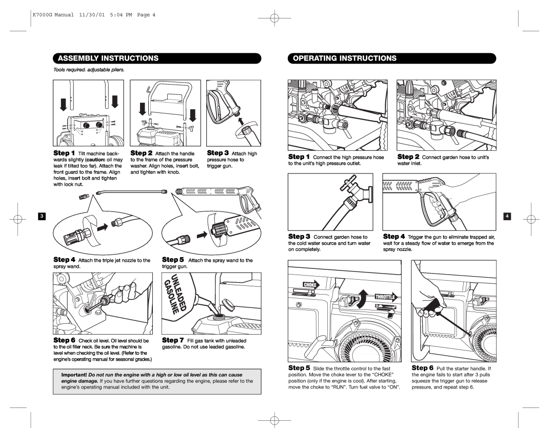 Karcher specifications Assembly Instructions, Operating Instructions, K7000G Manual 11/30/01 5:04 PM Page 