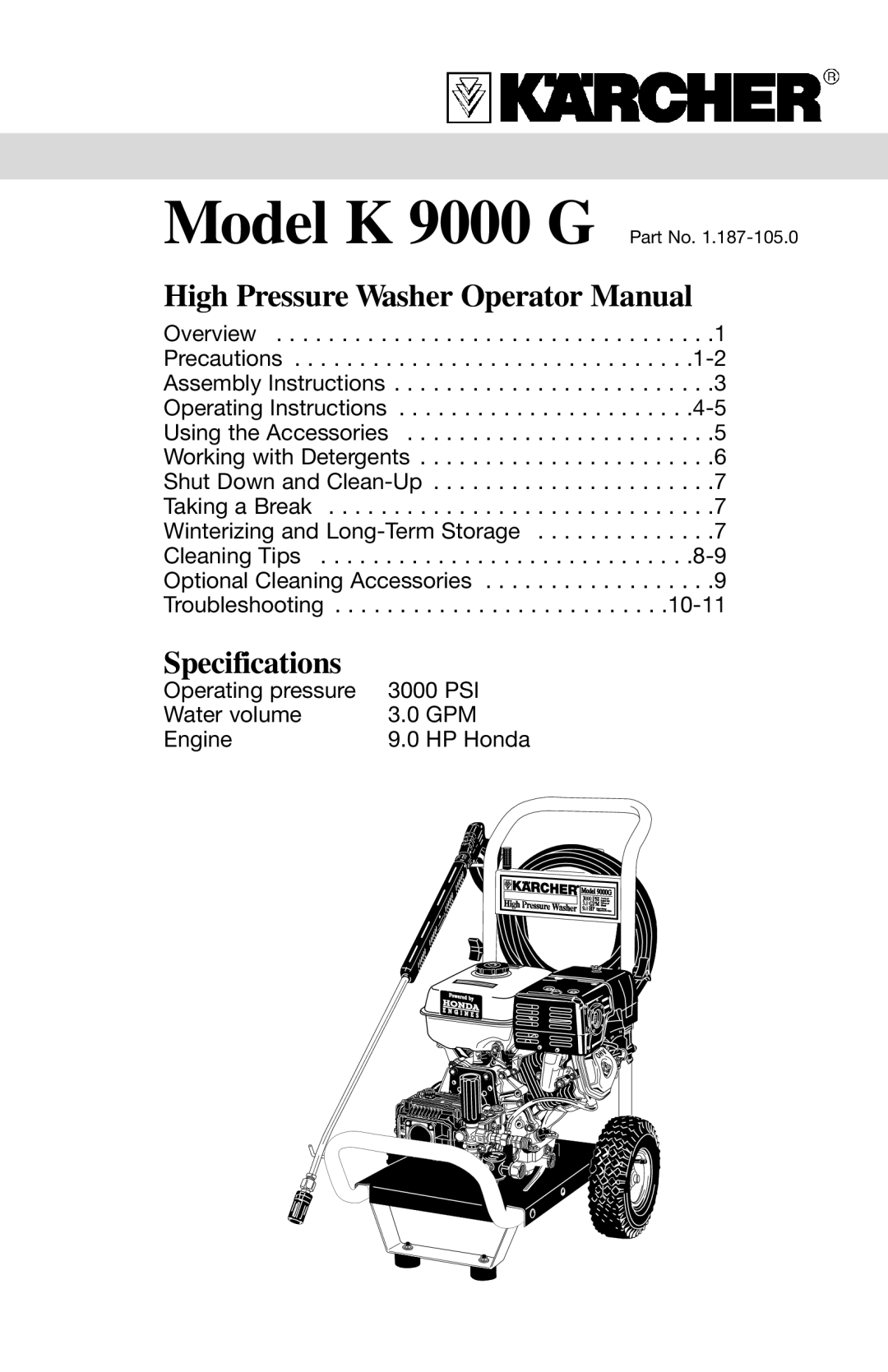 Karcher K9000G specifications High Pressure Washer Operator Manual, Specifications 