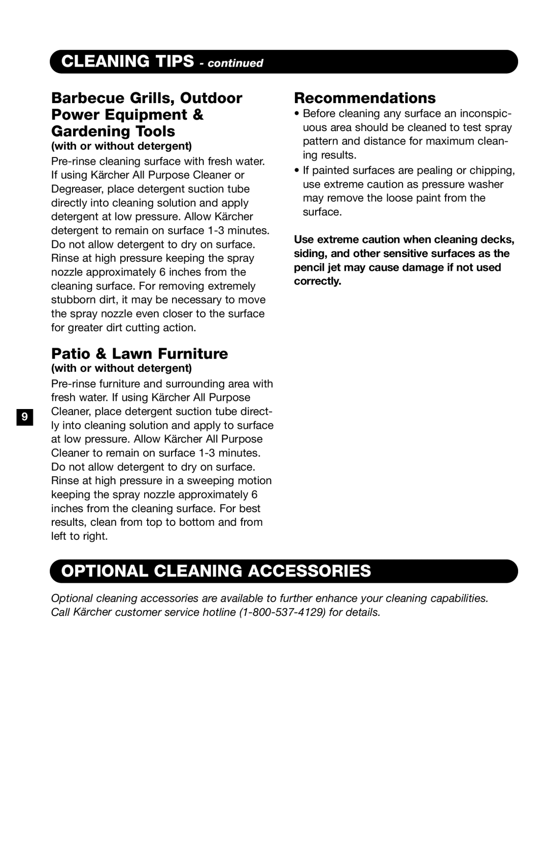 Karcher K9000G CLEANING TIPS - continued, Optional Cleaning Accessories, Patio & Lawn Furniture, Recommendations 