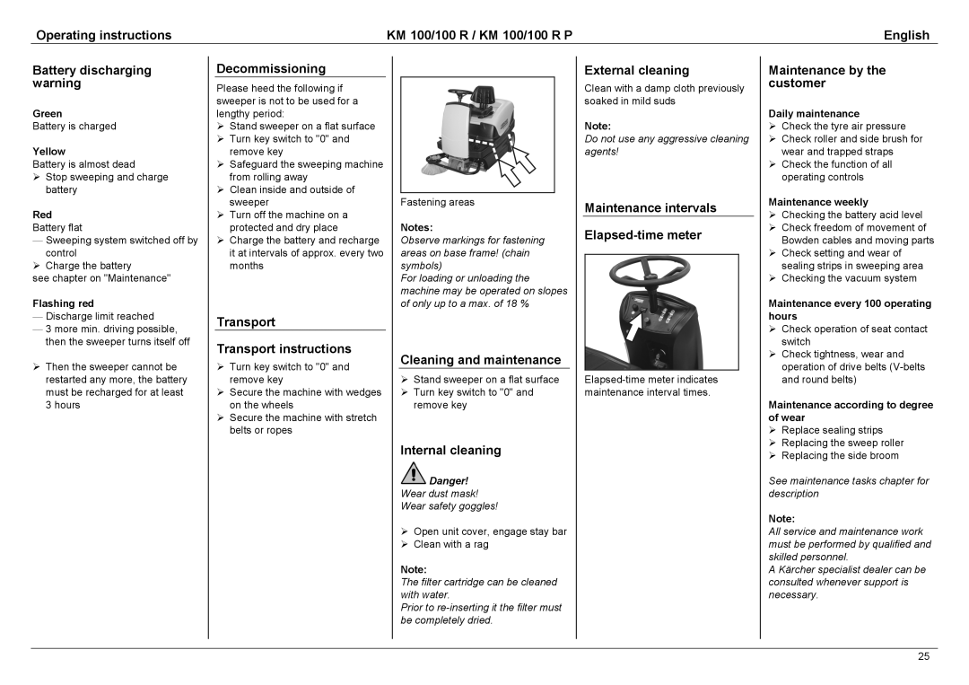 Karcher KM 100 / 100 R Decommissioning, Transport Transport instructions, Cleaning and maintenance, Internal cleaning 