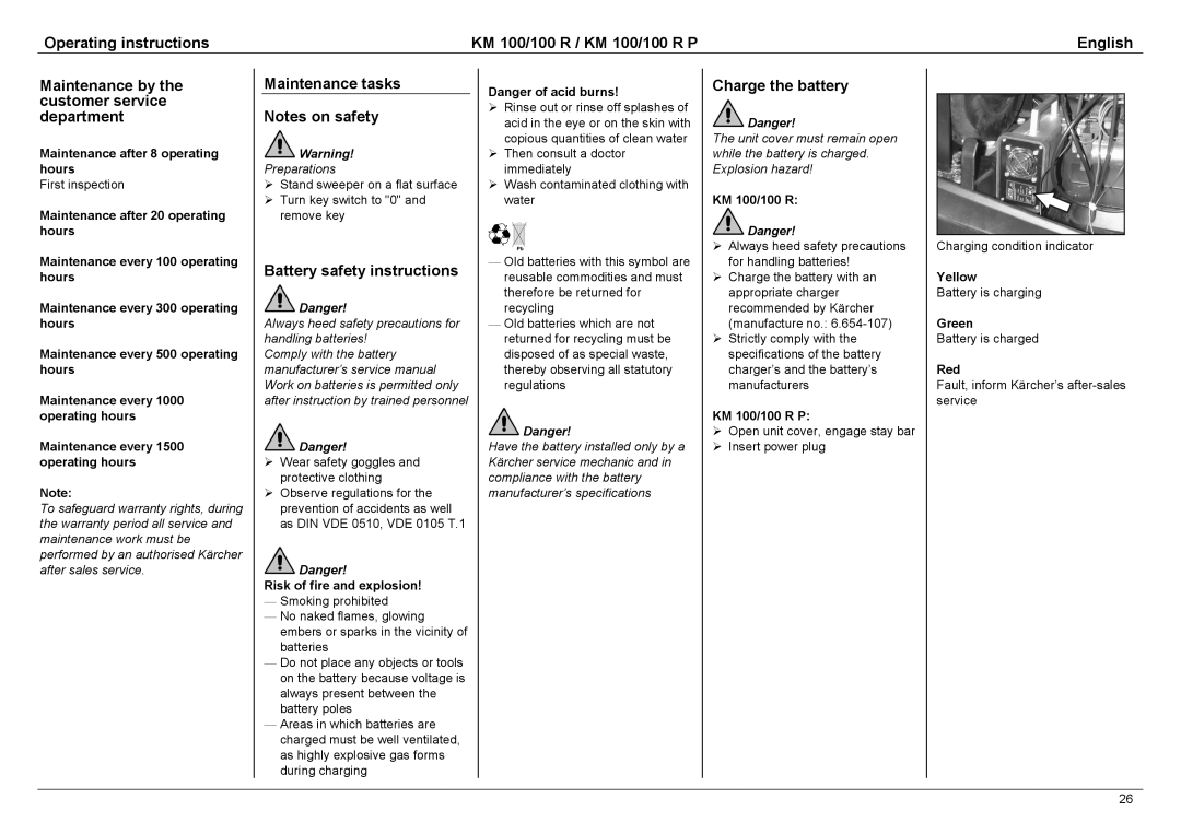 Karcher KM 100 / 100 R P manual Maintenance tasks, Battery safety instructions, Charge the battery 