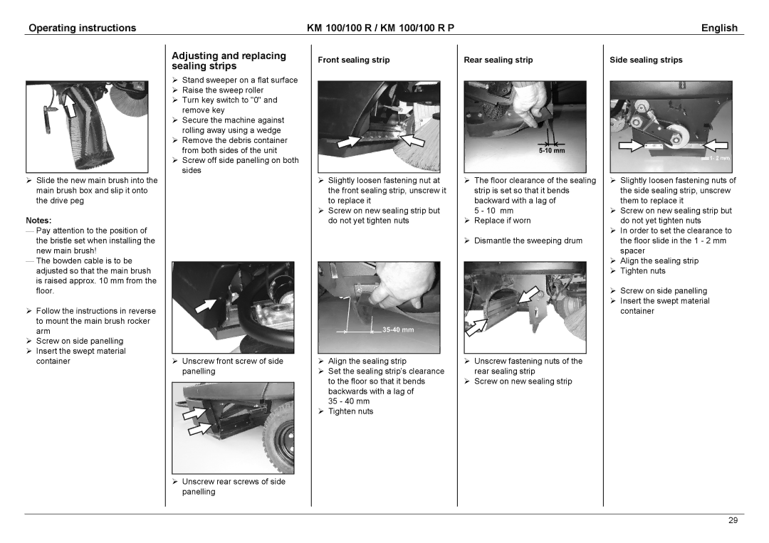 Karcher KM 100 / 100 R P manual Adjusting and replacing sealing strips, Front sealing strip, Rear sealing strip 