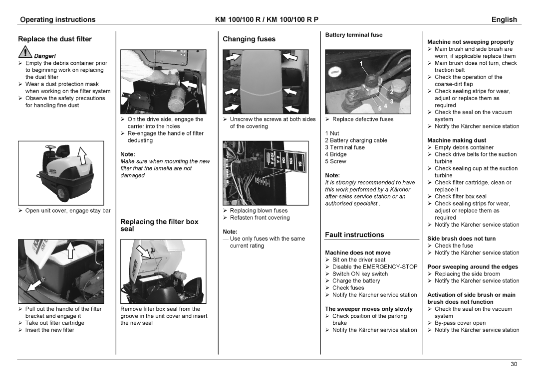 Karcher KM 100 / 100 R P manual Replacing the filter box seal, Changing fuses, Fault instructions 