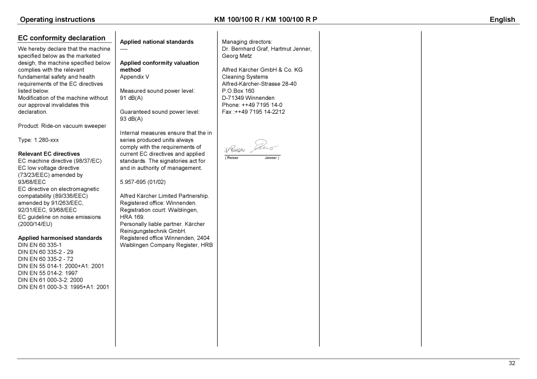 Karcher KM 100 / 100 R P manual Relevant EC directives, Applied harmonised standards DIN EN 60 