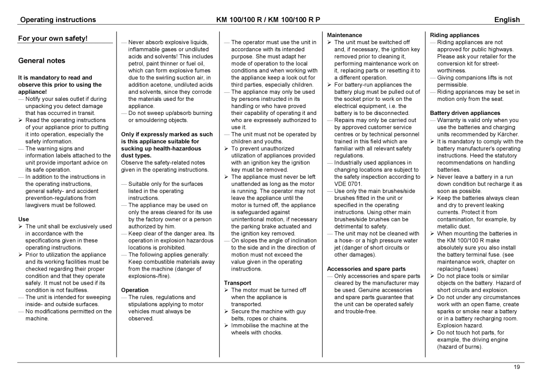 Karcher KM 100 / 100 R P manual Use, Operation, Maintenance, Accessories and spare parts, Riding appliances 