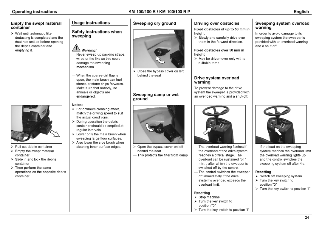 Karcher KM 100 / 100 R P Usage instructions Safety instructions when sweeping, Sweeping dry ground, Driving over obstacles 