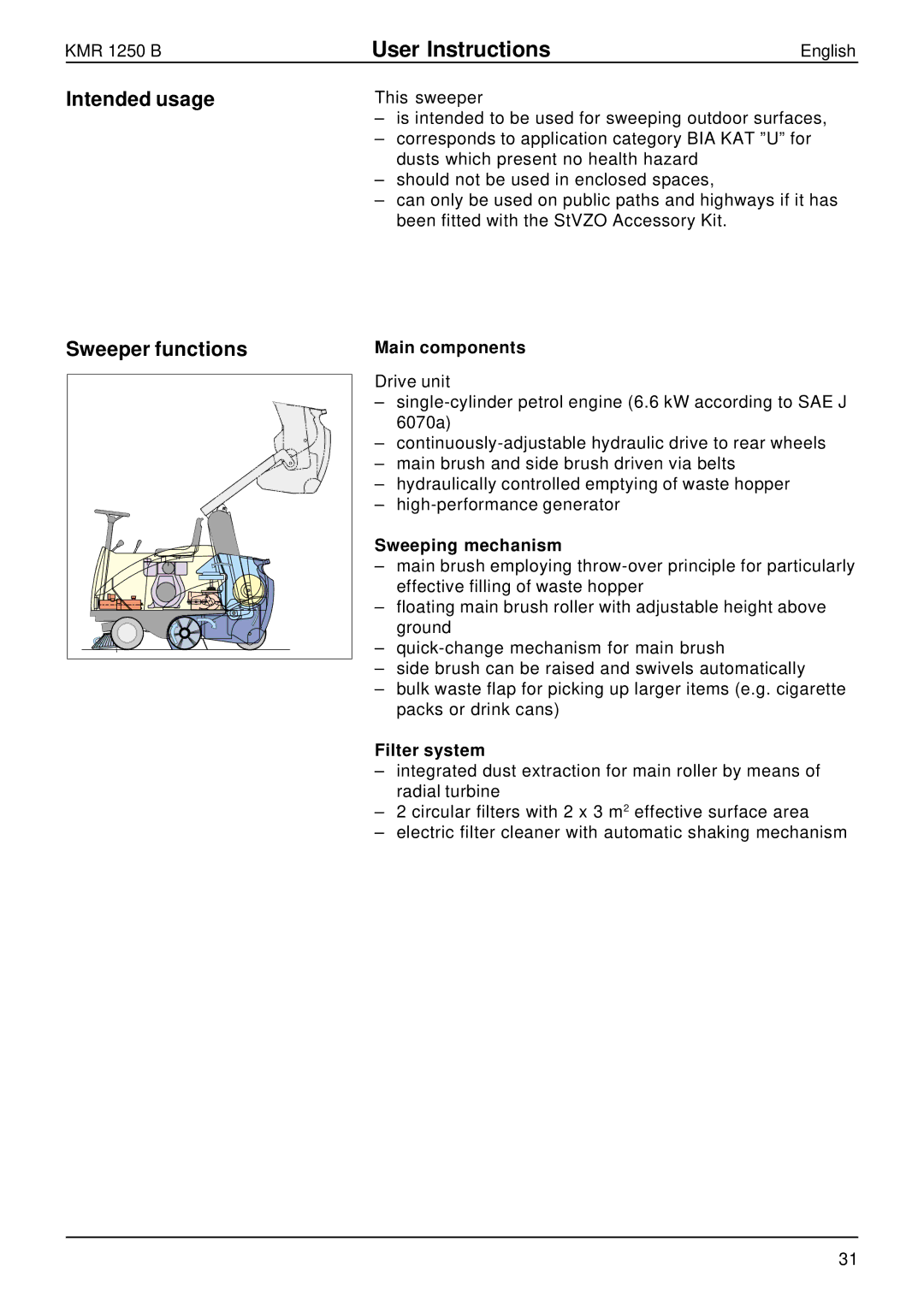 Karcher KMR 1250 B manual Intended usage Sweeper functions, Main components, Sweeping mechanism, Filter system 