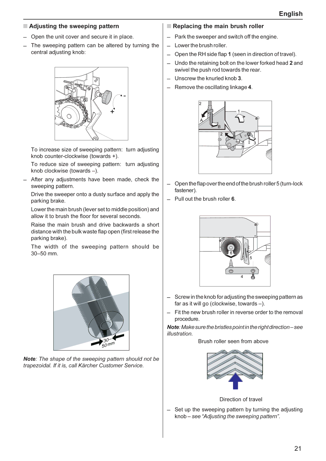 Karcher KMR 1250 BAT manual Adjusting the sweeping pattern, Replacing the main brush roller 