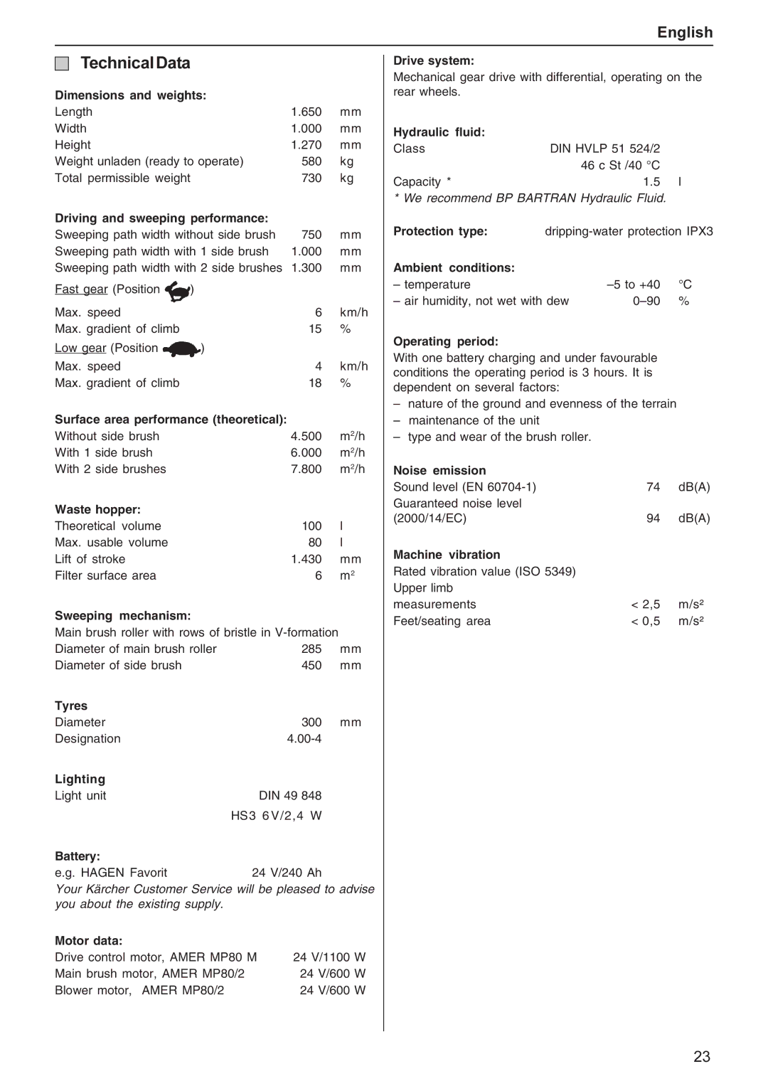 Karcher KMR 1250 BAT manual TechnicalData, Dimensions and weights 