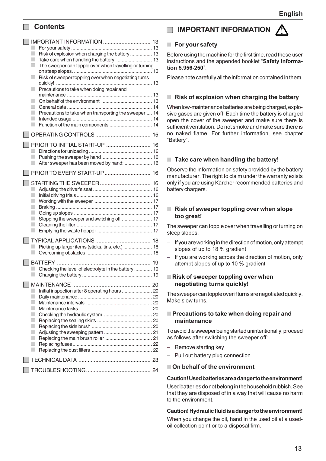 Karcher KMR 1250 BAT manual Contents, Important Information 