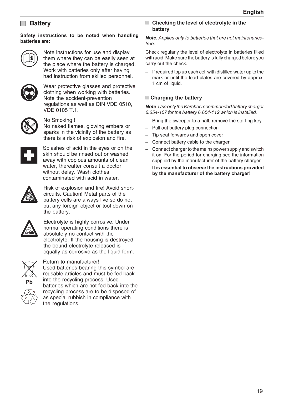 Karcher KMR 1250 BAT manual Battery, Charging the battery 