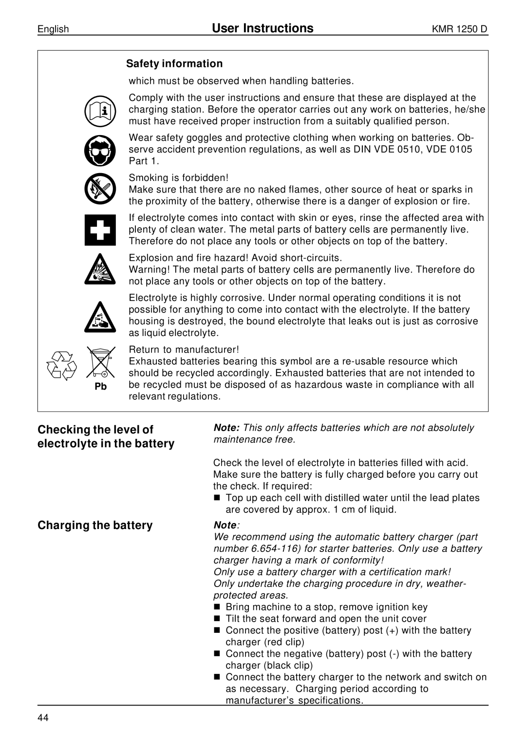 Karcher KMR 1250 D manual Safety information 