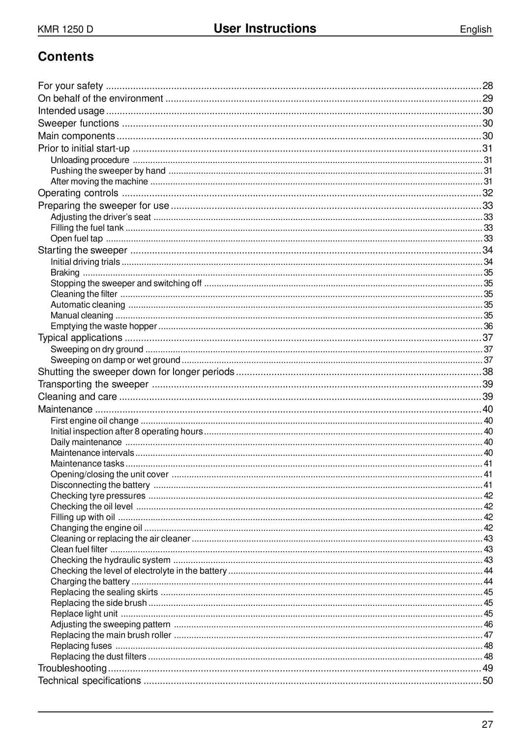 Karcher KMR 1250 D manual User Instructions, Contents 