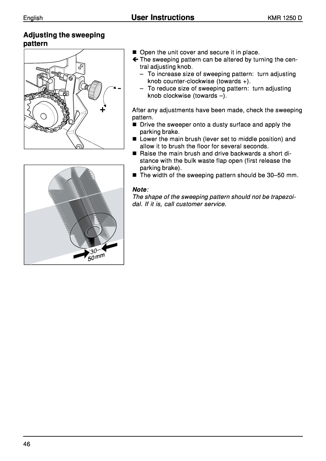 Karcher KMR 1250 D manual Adjusting the sweeping pattern, User Instructions 