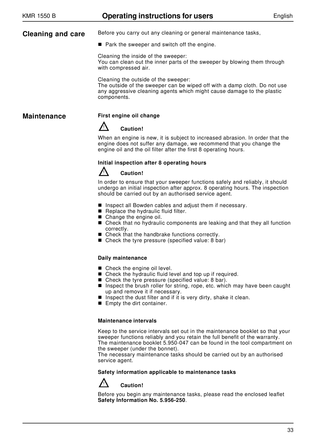 Karcher KMR 1550 B manual Cleaning and care, Maintenance 