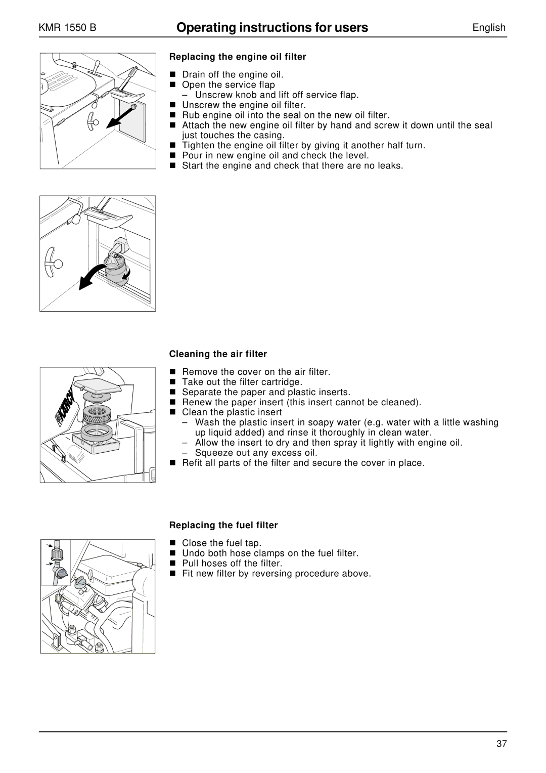 Karcher KMR 1550 B manual Replacing the engine oil filter, Cleaning the air filter, Replacing the fuel filter 