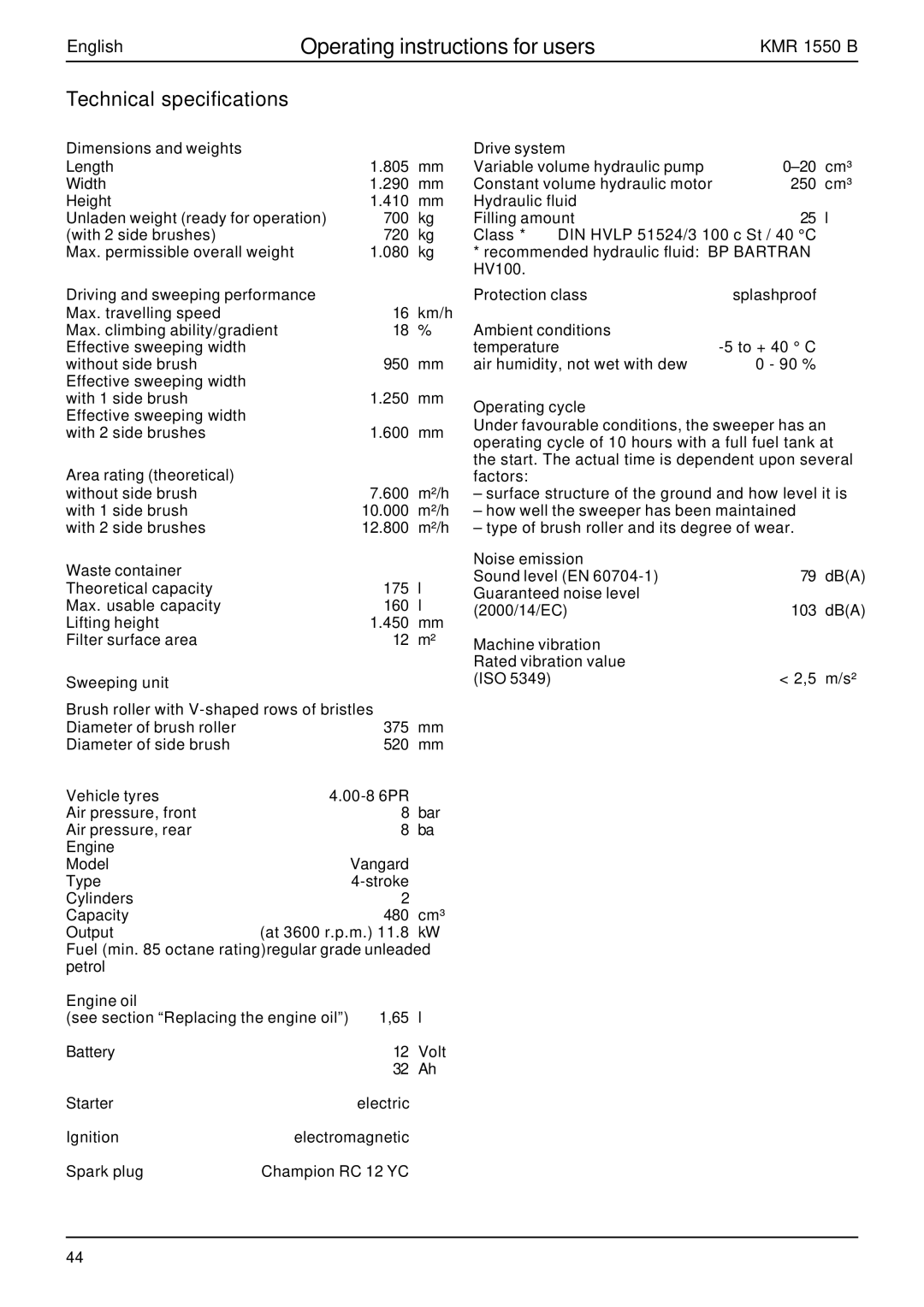 Karcher KMR 1550 B manual Technical specifications 