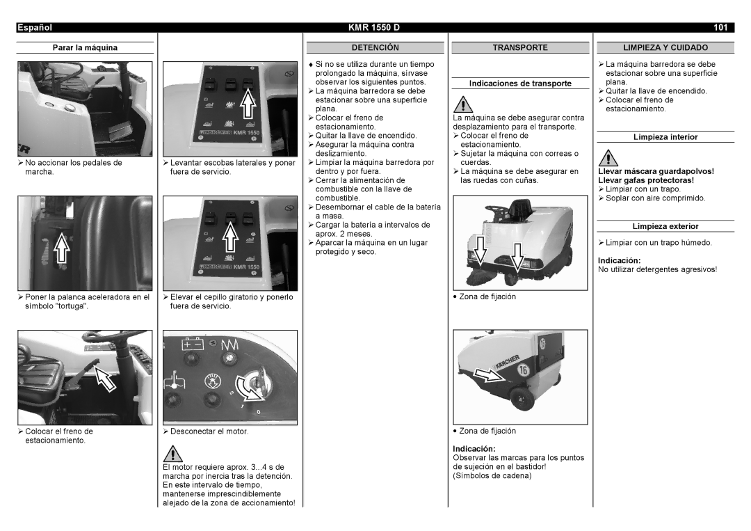 Karcher KMR 1550 D manual 101, Detención, Transporte, Limpieza Y Cuidado 