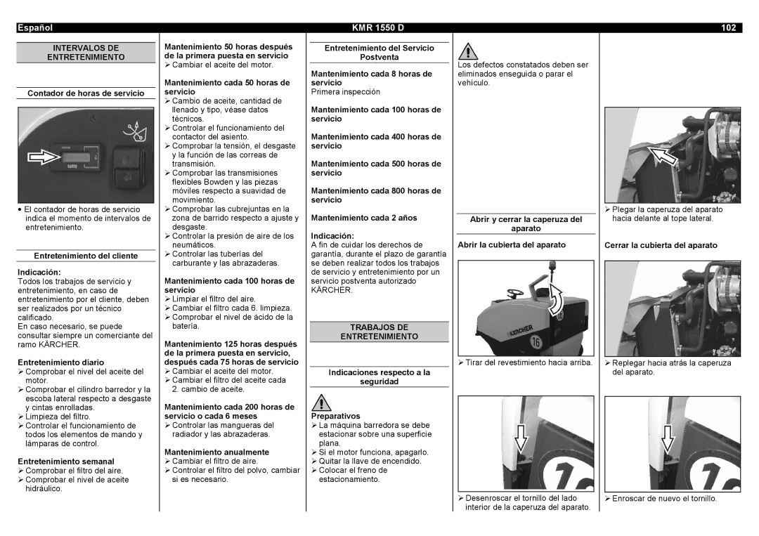 Karcher KMR 1550 D manual 102, Intervalos DE Entretenimiento, Trabajos DE Entretenimiento 