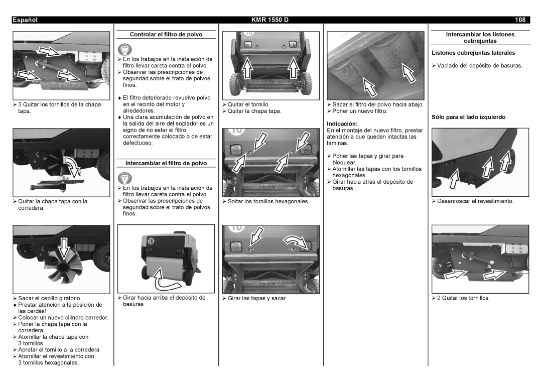 Karcher manual Español KMR 1550 D 108, Controlar el filtro de polvo, Intercambiar el filtro de polvo 