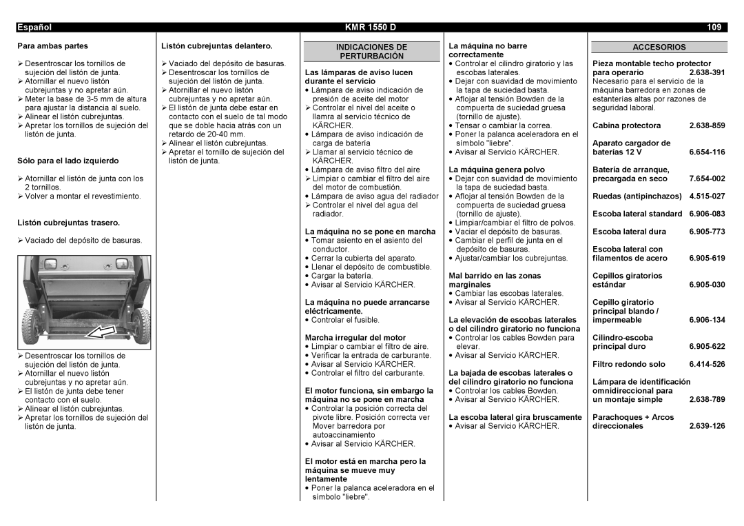 Karcher manual Español KMR 1550 D 109, Indicaciones DE Perturbación, Accesorios 