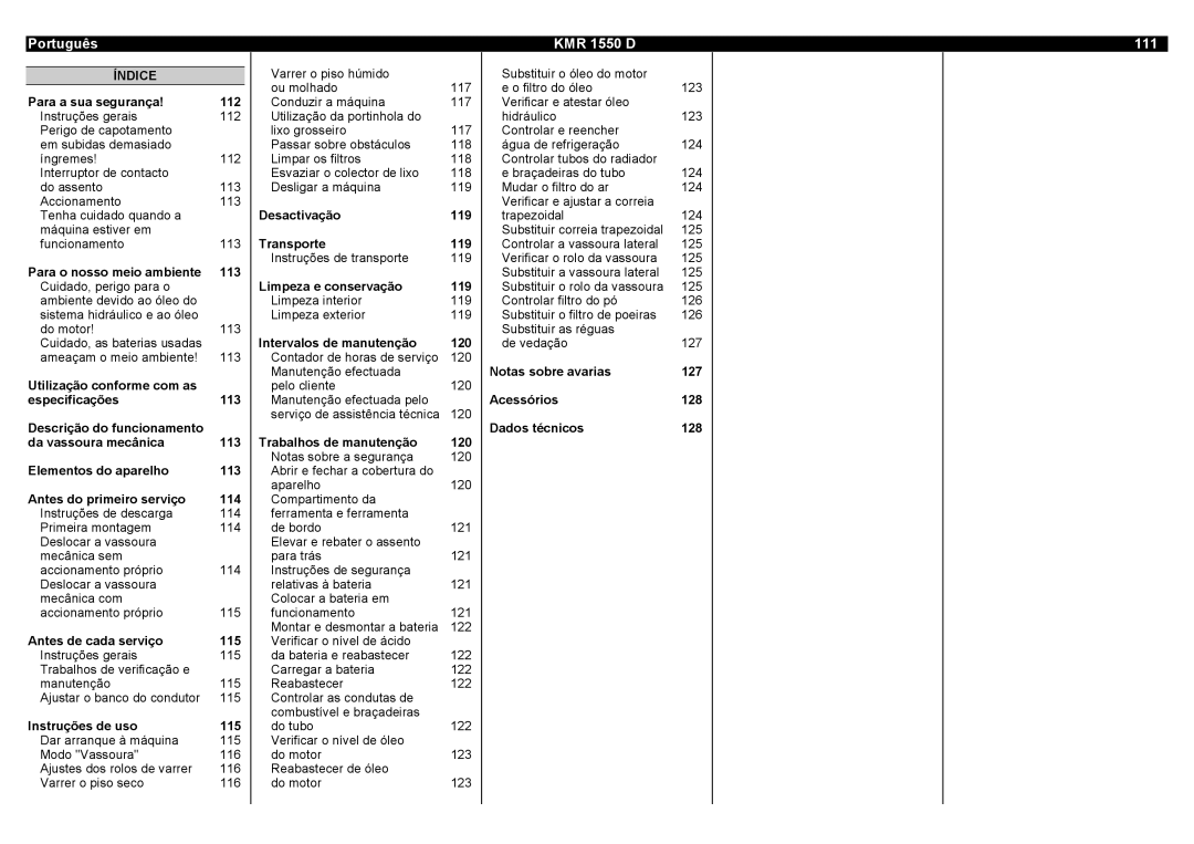 Karcher manual Português KMR 1550 D 111, Índice 