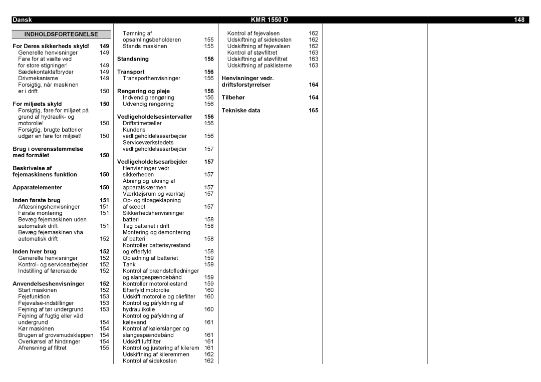 Karcher manual Dansk KMR 1550 D 148, Indholdsfortegnelse 