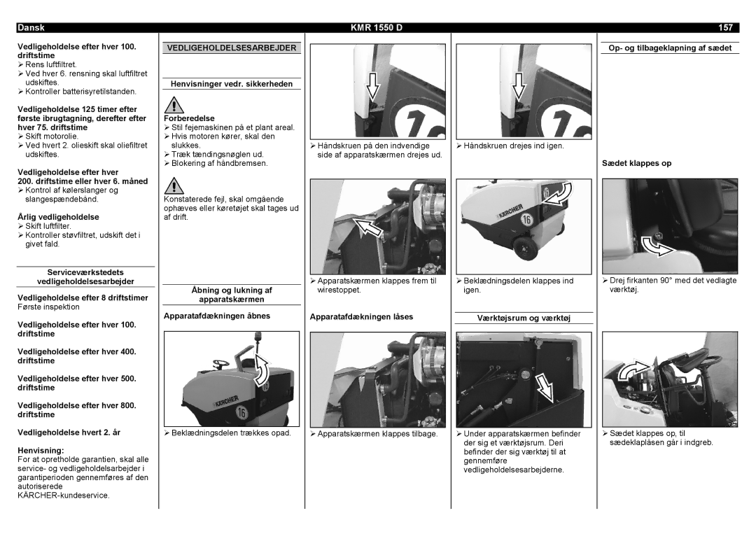 Karcher KMR 1550 D manual 157, Vedligeholdelsesarbejder 