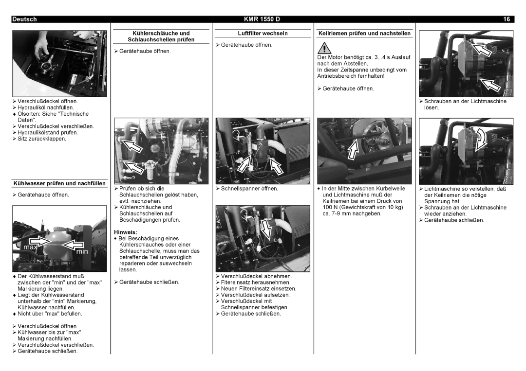 Karcher KMR 1550 D Kühlwasser prüfen und nachfüllen, Kühlerschläuche und Schlauchschellen prüfen, Luftfilter wechseln 