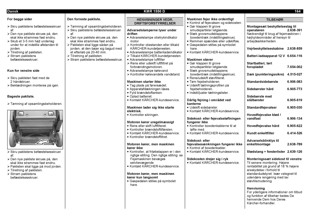 Karcher manual Dansk KMR 1550 D 164, Henvisninger Vedr Driftsforstyrrelser, Tilbehør 