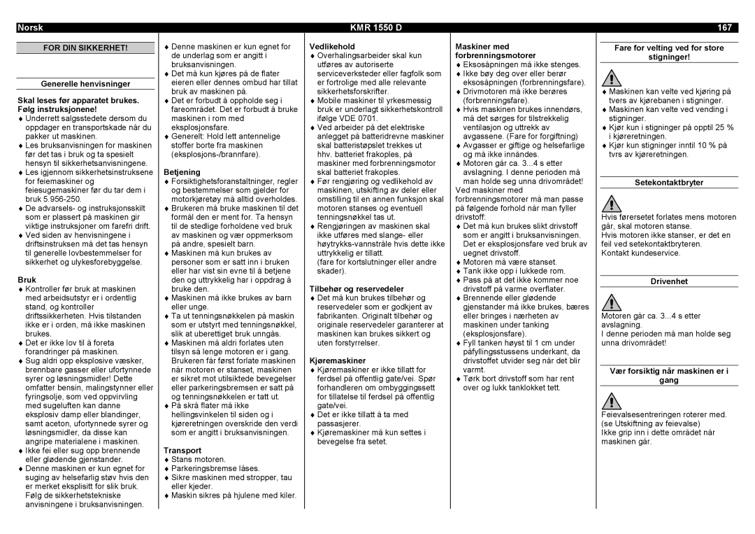 Karcher KMR 1550 D manual Norsk, 167, For DIN Sikkerhet 