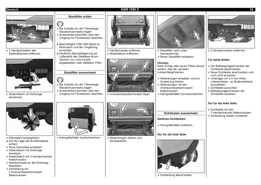 Karcher KMR 1550 D manual Staubfilter prüfen, Staubfilter auswechseln, Dichtleisten auswechseln Seitliche Dichtleisten 